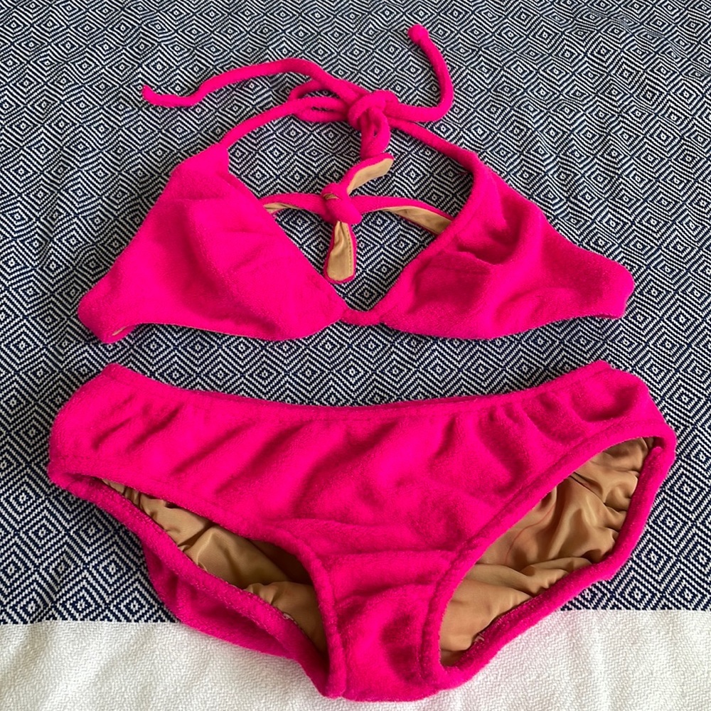 Vintage NEON Bikini Pink! Velvet feel swimsuit boho resort